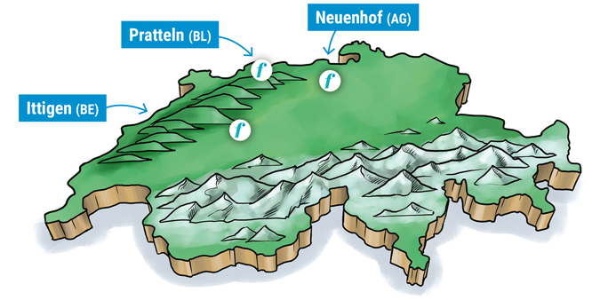 Schweizerkarte mit Standorten von FILADOS AG